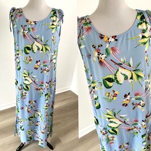 VTG 90s Disney Store M Sleeveless Maxi Dress Hawaiian Blue Mickey Minnie Tiki